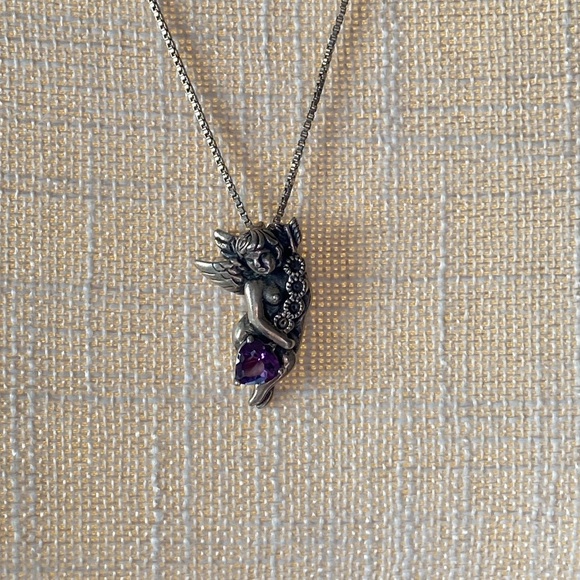 VINTAGE CHERUB GUARDIAN ANGEL W/ AMETHYST CRYSTAL 925 STERLING PENDANT NECKLACE - Picture 15 of 16